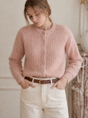 Alpaca Blend Pink Cardigan Sweater Cozy French Style Knit Sweater Mohair Texture